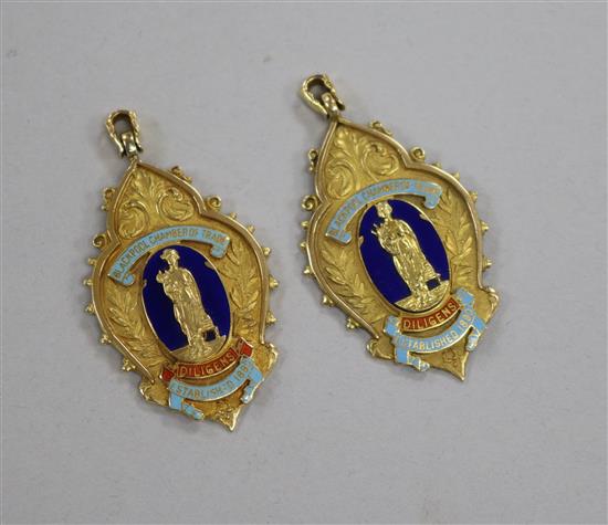 Two 18ct gold and enamel Blackpool Chamber of Trade Presidents jewels, 30.4g gross